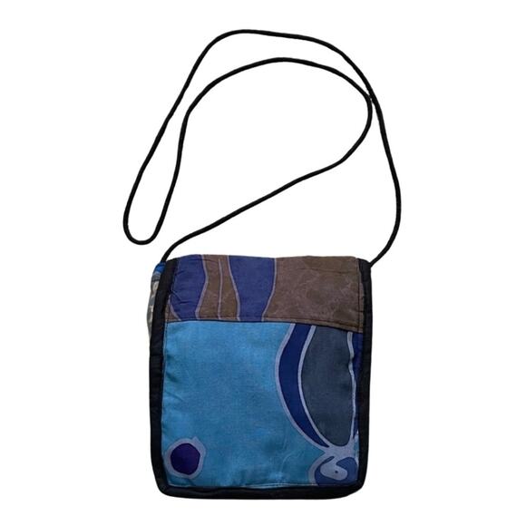 Indonesian Made Bag Crossbody Batik Tie Dye Print Flap Closure Blues Tan Brown - Picture 2 of 11